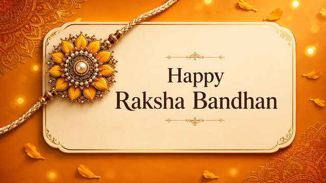 Golden floral rakhi on elegant yellow greeting card background with copy space for celebrating happy raksha bandhan festival of indian traditional culture