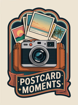Postcard Moments vintage camera, instant photos and travel badge sticker art