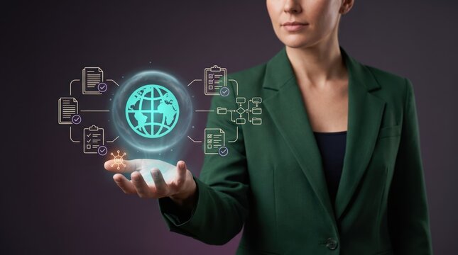 Businesswoman presenting global technology and data concept