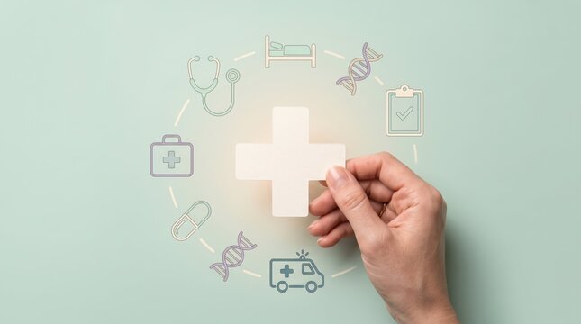 Hand holding white cross surrounded by healthcare symbols