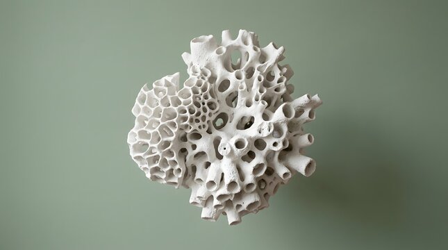 Detailed white coral sculpture showing complex organic structures with intricate tubular pores captured in high resolution for artistic interior design