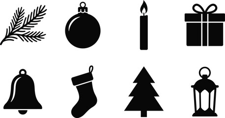 Naklejka premium Christmas Icons Vector Set with Pine Branch Ornament Candle Gift Bell Stocking Tree Lantern
