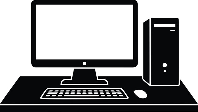 Desktop computer setup black silhouette vector illustration featuring monitor keyboard mouse and tower for digital design