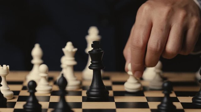 business hand holding a white chess pawn taking black king, checkmate concept