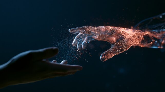 Human Hand Reaching Up Toward Translucent Robotic Hand in an Artistic Representation of Human-Machine Interaction