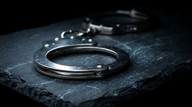 Metallic handcuffs resting on dark slate surface represent concepts of criminal justice law enforcement detainment incarceration punishment and legal security system.