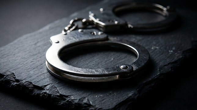 Silver metal handcuffs positioned on dark rustic slate tabletop depict themes of criminal arrest public safety legal authority imprisonment and judiciary system.