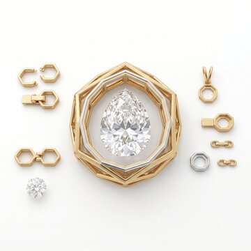 Luxury modular jewelry components with sparkling pear-shaped diamond in elegant geometric gold and silver settings on a clean white background, presented as a flat lay for bespoke jewelry design.