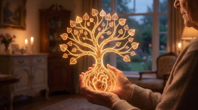 Glowing family tree glowing hologram held in hands of elderly person symbolizes heritage life stages lineage love and ancestral roots in cozy warm home interior.