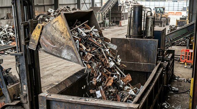 Forklift dumping scrap metal into industrial baler at a recycling facility.