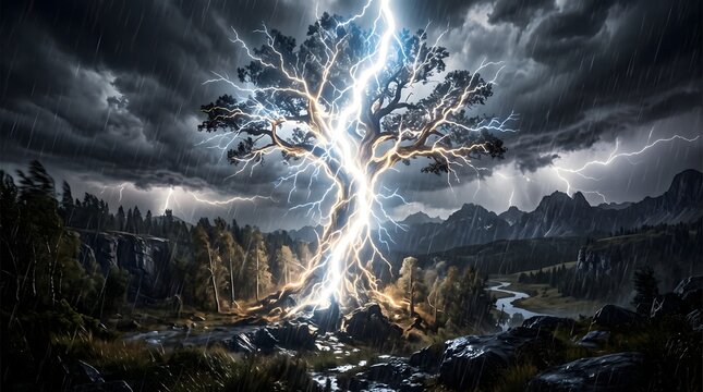 Dramatic lightning strike hits lone ancient tree during intense thunderstorm over dark mountain valley landscape creating powerful light effect for nature drama.