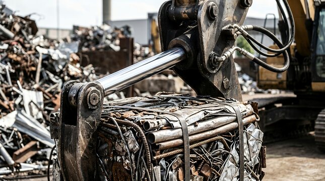 Hydraulic excavator lifting a compressed metal scrap bale at a recycling facility.