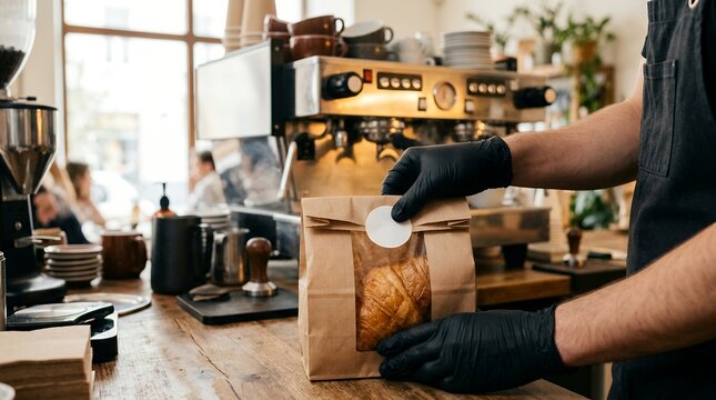 Barista sealing a craft paper takeaway bag with a sticker in a coffee shop