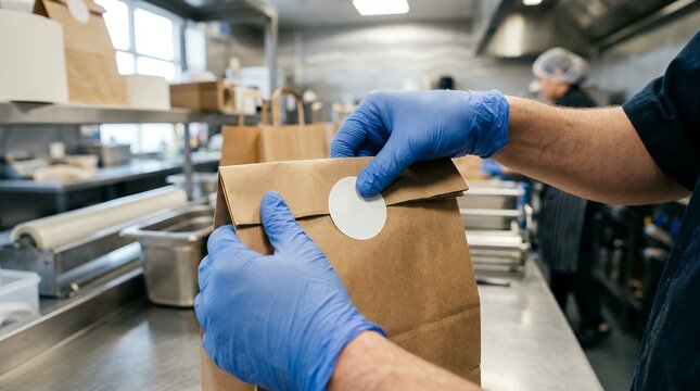 Worker sealing takeaway paper bag with tamper proof sticker in commercial kitchen.