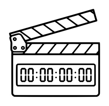 Professional movie clapperboard vector icon featuring a digital timecode display with zeros, ideal for cinematography, film production, and video editing themes in a clean black line art style.