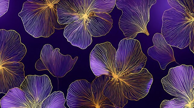 Purple and yellow of stylized dandelion flowers with golden centers isolated botanical
