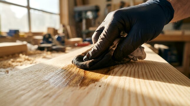 Woodworker applying dark wood stain to pine board with gloved hand in workshop.