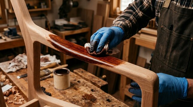 Woodworker applying dark mahogany stain to a handcrafted wooden chair frame in workshop.