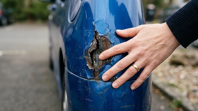 Person inspecting deep scratch and dent on blue car door after collision damage.