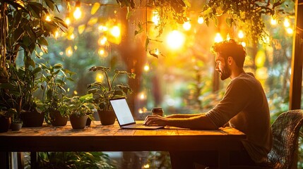 Fototapeta premium Man working outdoors at a wooden table in a garden setting.