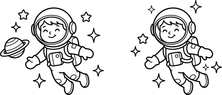 Cute cartoon astronaut floating in outer space with planets and stars black and white line art illustration