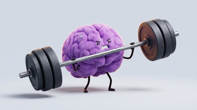 Purple brain character lifting weights with determined expression