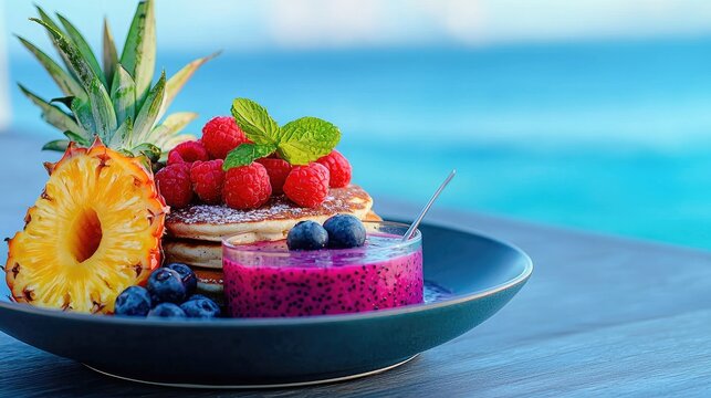 Colorful breakfast platter featuring pancakes, fruit, and smoothie.