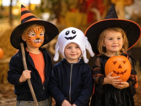 Drei Kinder in Halloween Kost&uuml;men mit K&uuml;rbis. Hexenh&uuml;te, Geisterm&uuml;tze und Tiger Schminke sorgen in herbstlicher Kulisse f&uuml;r ein liebevolles saisonales Portr&auml;t.