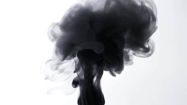 Black Ink Swirl Abstract Video. Dark pigment moving in water against white background creating smoke effects. High contrast liquid motion for creative overlays and artistic backgrounds.