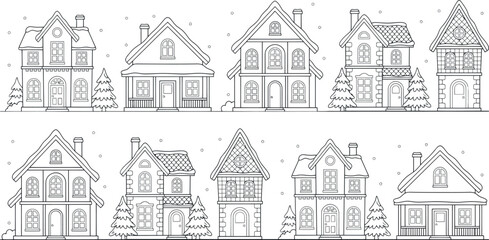Obraz premium Winter Village Houses Icon Set with Snowy European Cottages, Cozy Architecture, and Christmas Trees for Holiday Cards, Coloring Pages, and Minimalist Vector Designs
