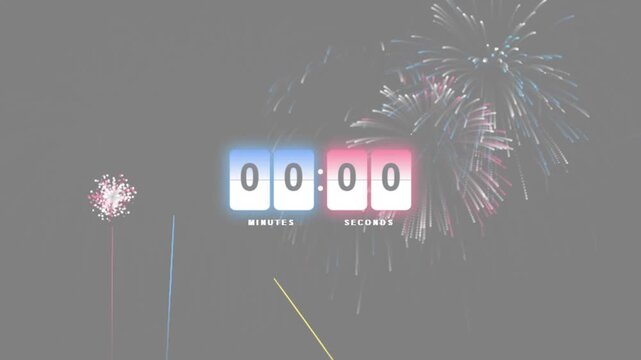 New Year countdown timer with fireworks. Retro flip clock counting down on black background. Motion graphics for holiday events