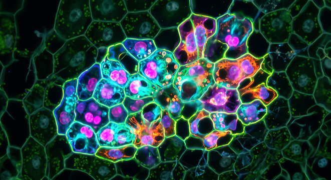 Fluorescent microscope view of glowing plant cells and cellular structures