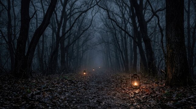 Spooky dark forest path with glowing lanterns in the misty fog