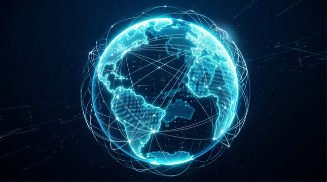 3D Futuristic Glowing Blue Digital Earth Network Globe Concept