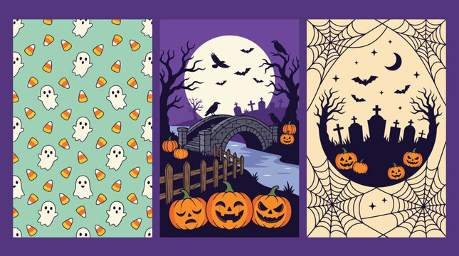 Spooky halloween backgrounds a trio of delightful designs featuring ghosts bats pumpkins and a haunted landscape for festive celebrations