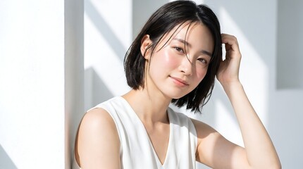 Naklejka premium Beautiful young Japanese woman with glowing skin in natural sunlight portrait for skincare and wellness beauty banner.
