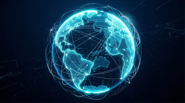 Glowing Cybernetic Planet Earth Globe with Global Data Connections