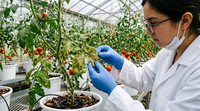 Scientist harvesting ripe cherry tomatoes in modern hydroponic greenhouse facility.