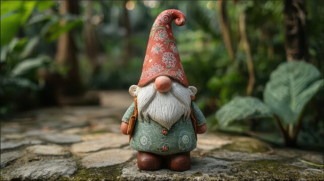 Garden gnome with red hat and green tunic standing on stone path with blurred foliage background