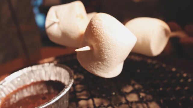Close up of single toasted marshmallow skewered on wooden stick melting over glowing campfire coals, conveying warm camping dessert, roasted sweet treat, and outdoor fire cooking
