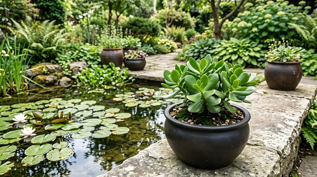 Modern garden pond with lily pads and potted succulents in serene outdoor setting
