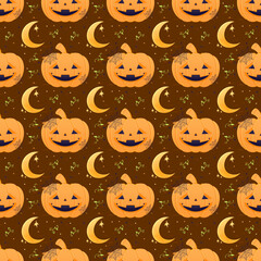 Fototapeta premium Halloween Seamless Pattern with Jack O Lanterns and Crescent Moons
