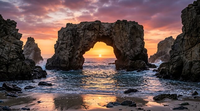Natural arch at sunset with golden hour glow over calm ocean waves