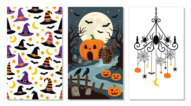 Spooky and delightful halloween backgrounds a collection of witch hats haunted houses and elegant gothic chandeliers for festive celebrations