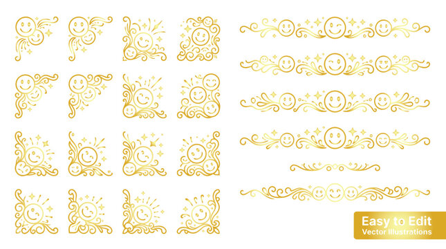 Premium set of golden decorative corner borders and dividers with smiley face illustrations, elegant filigree flourishes and sparkles for happy, positive, or greeting card design elements