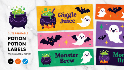 Naklejka premium Cute Printable Halloween Potion Labels for Kids Party Top View Studio Product Photography with Colorful Spooky Designs