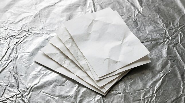 Stack of pristine white paper napkins on crumpled foil surface for elegant dining presentation