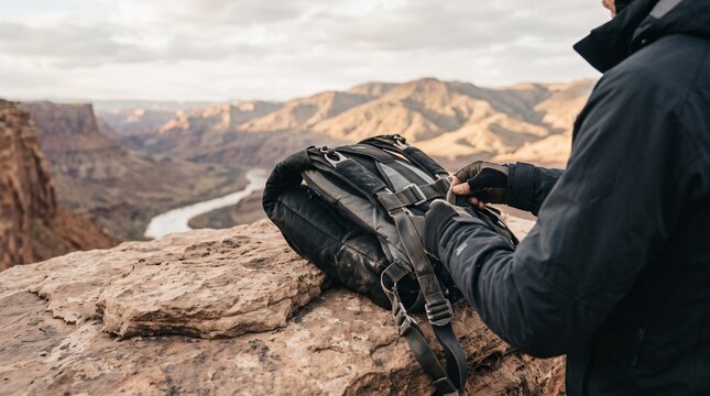 Hiker Preparing Parachute on Canyon Cliff Edge