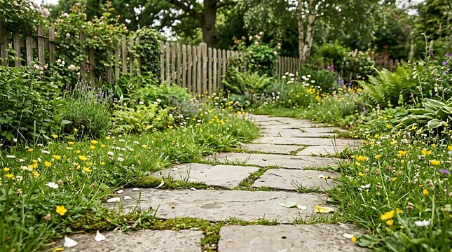 Serene garden pathway with rustic stone steps through lush greenery and wildflowers