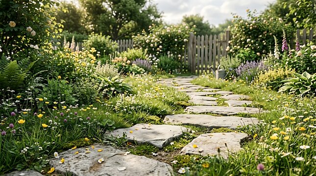 Serene garden pathway with rustic stone steps through lush greenery.